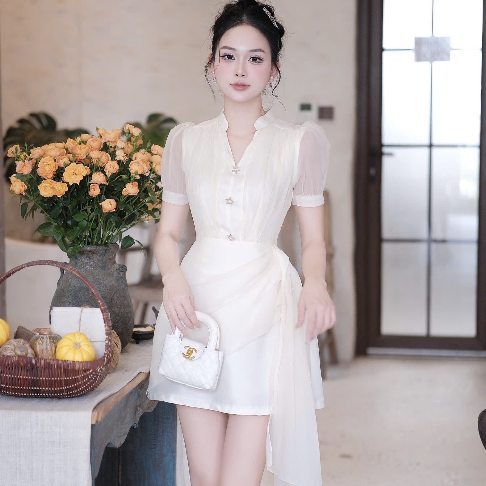 Đầm cổ sơ mi hiện đại dáng chứ A voan dáng ngắn cao cấp đi tiệc sang trọng giá rẻ