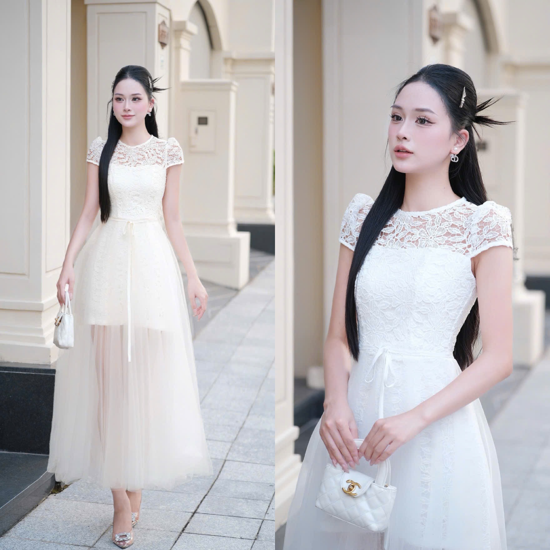 Đầm tay ren phối ngực ren dáng dài đơn giản thanh lịch chân voan cao cấp thiết kế đi tiệc