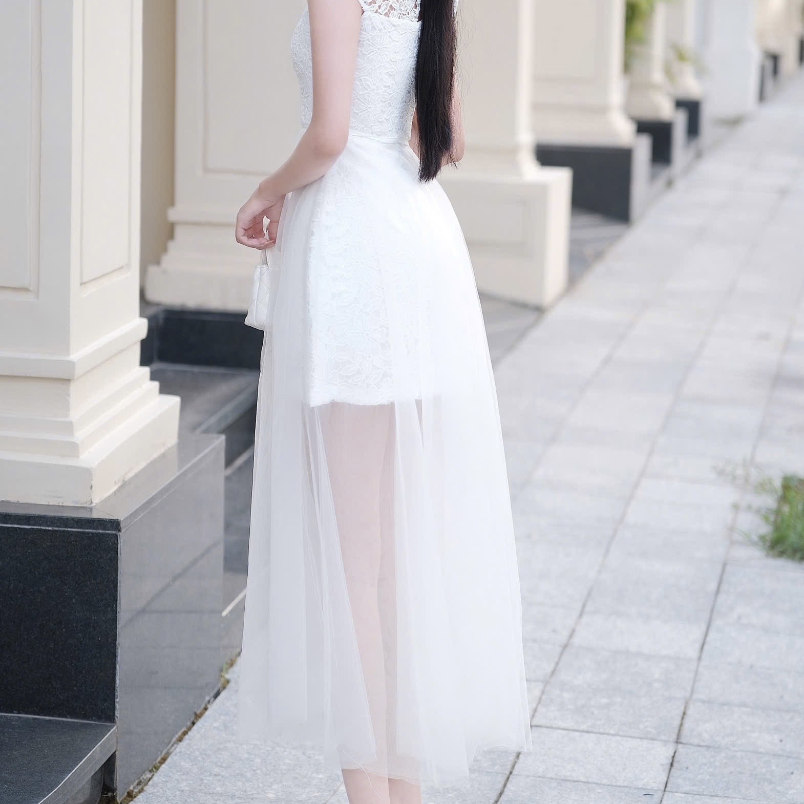 Đầm tay ren phối ngực ren dáng dài đơn giản thanh lịch chân voan cao cấp thiết kế đi tiệc