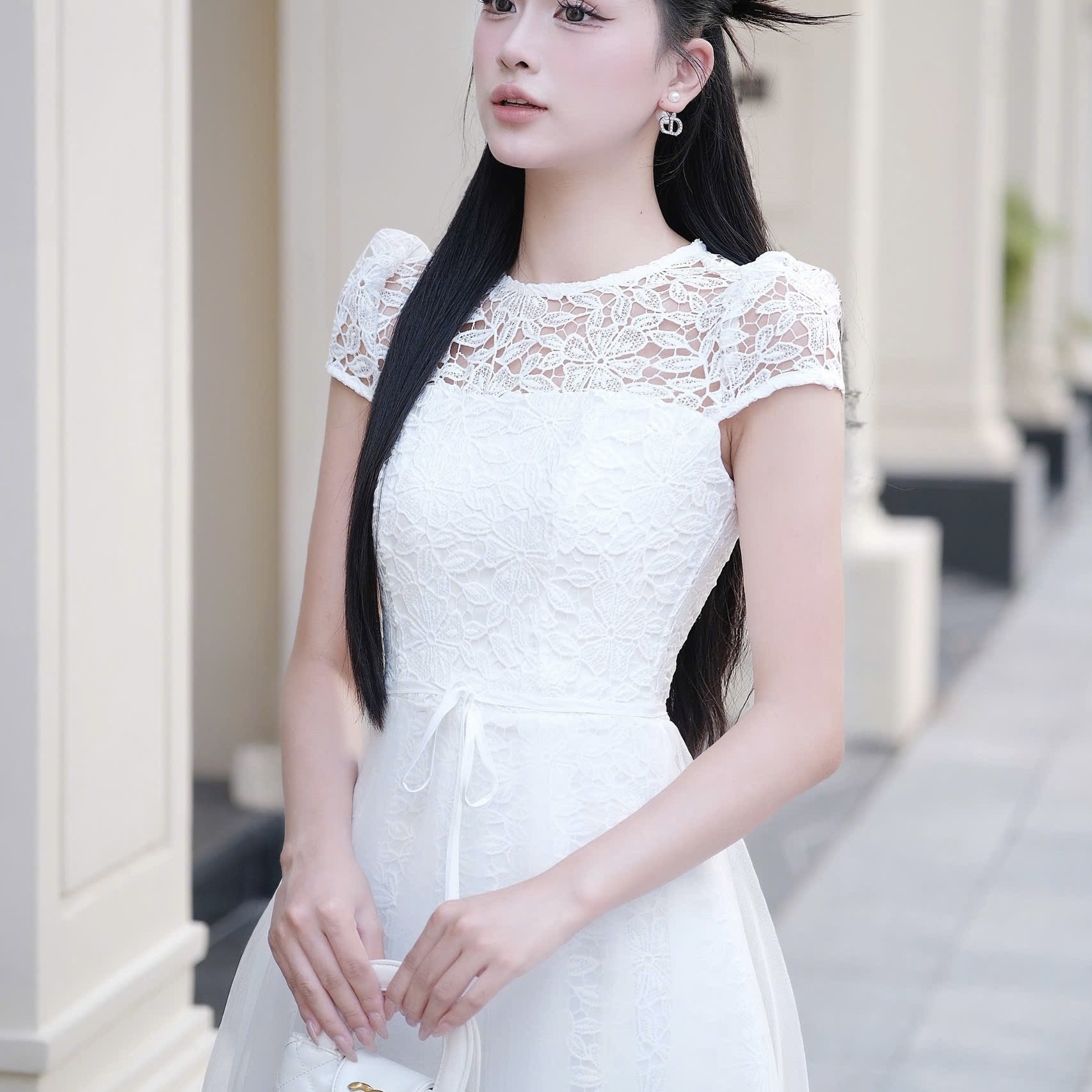 Đầm tay ren phối ngực ren dáng dài đơn giản thanh lịch chân voan cao cấp thiết kế đi tiệc