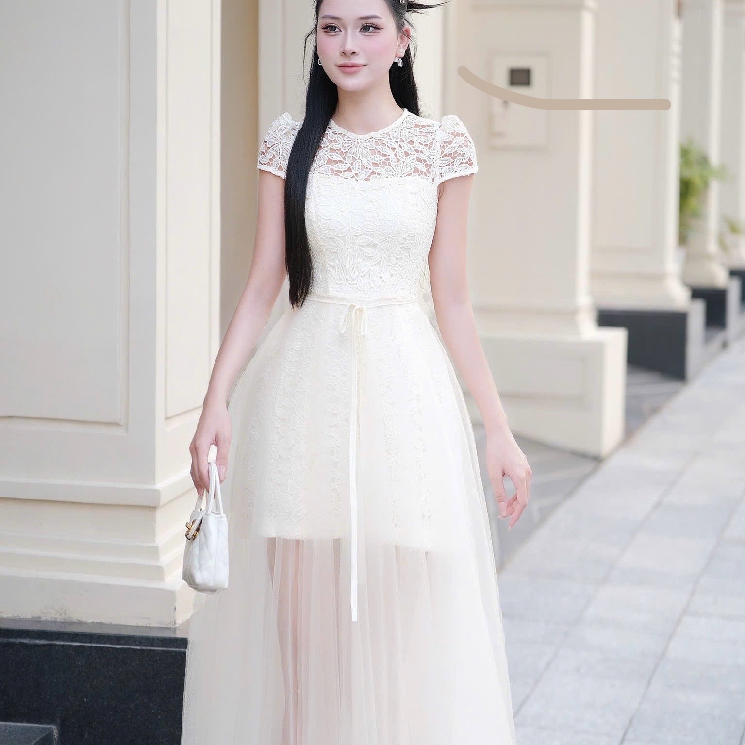 Đầm tay ren phối ngực ren dáng dài đơn giản thanh lịch chân voan cao cấp thiết kế đi tiệc