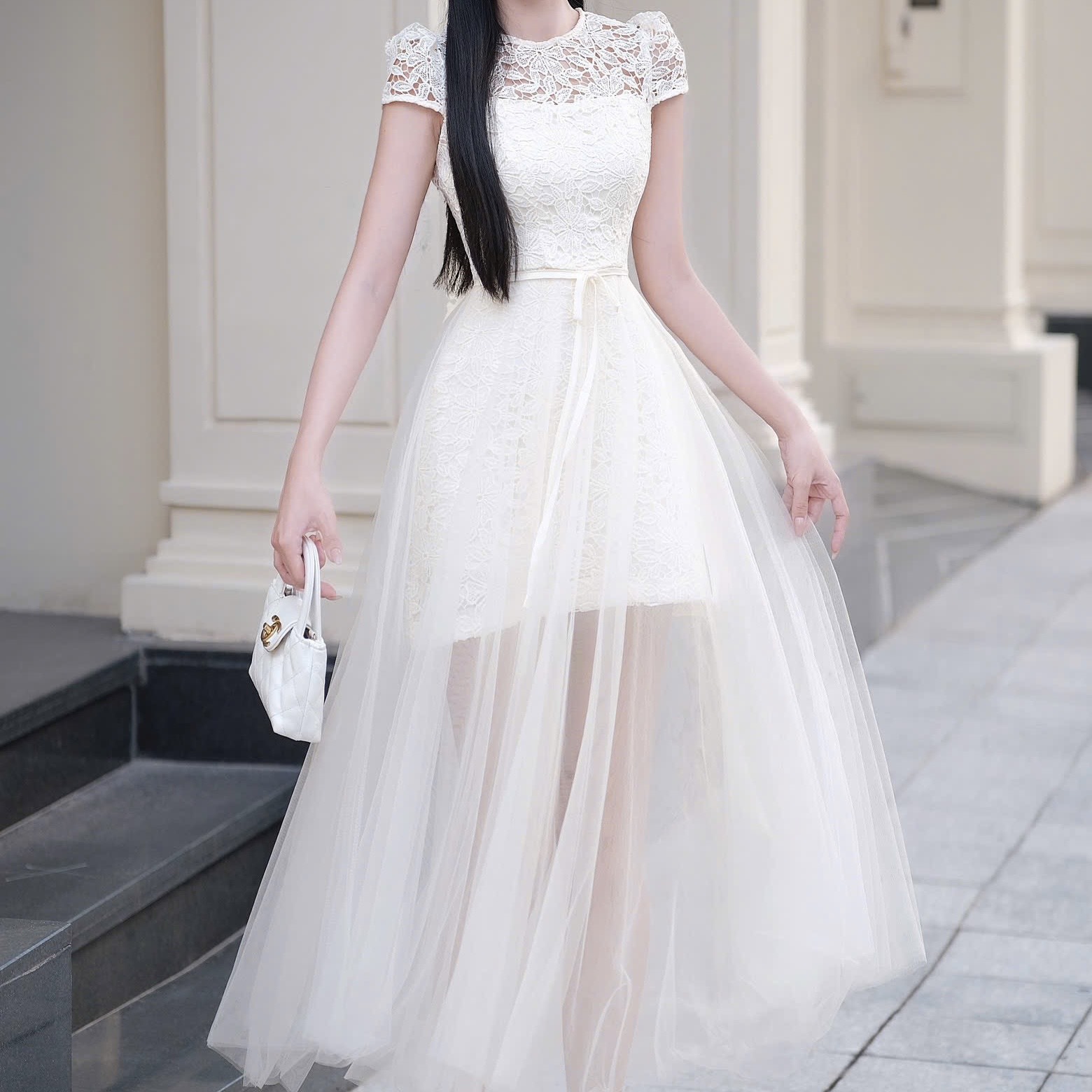 Đầm tay ren phối ngực ren dáng dài đơn giản thanh lịch chân voan cao cấp thiết kế đi tiệc