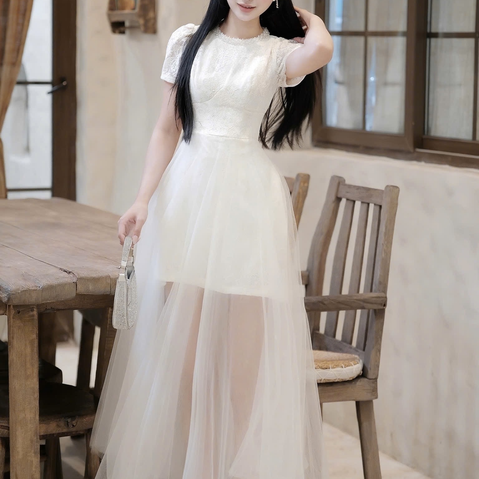 Đầm cổ tròn đính đá cao cấp chân voan dáng đai chữ A tay ngắn cao cấp sang chảnh thanh lịch đi tiệc