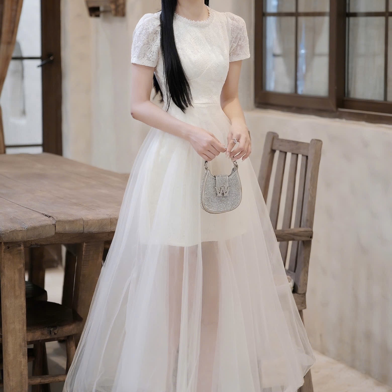 Đầm cổ tròn đính đá cao cấp chân voan dáng đai chữ A tay ngắn cao cấp sang chảnh thanh lịch đi tiệc