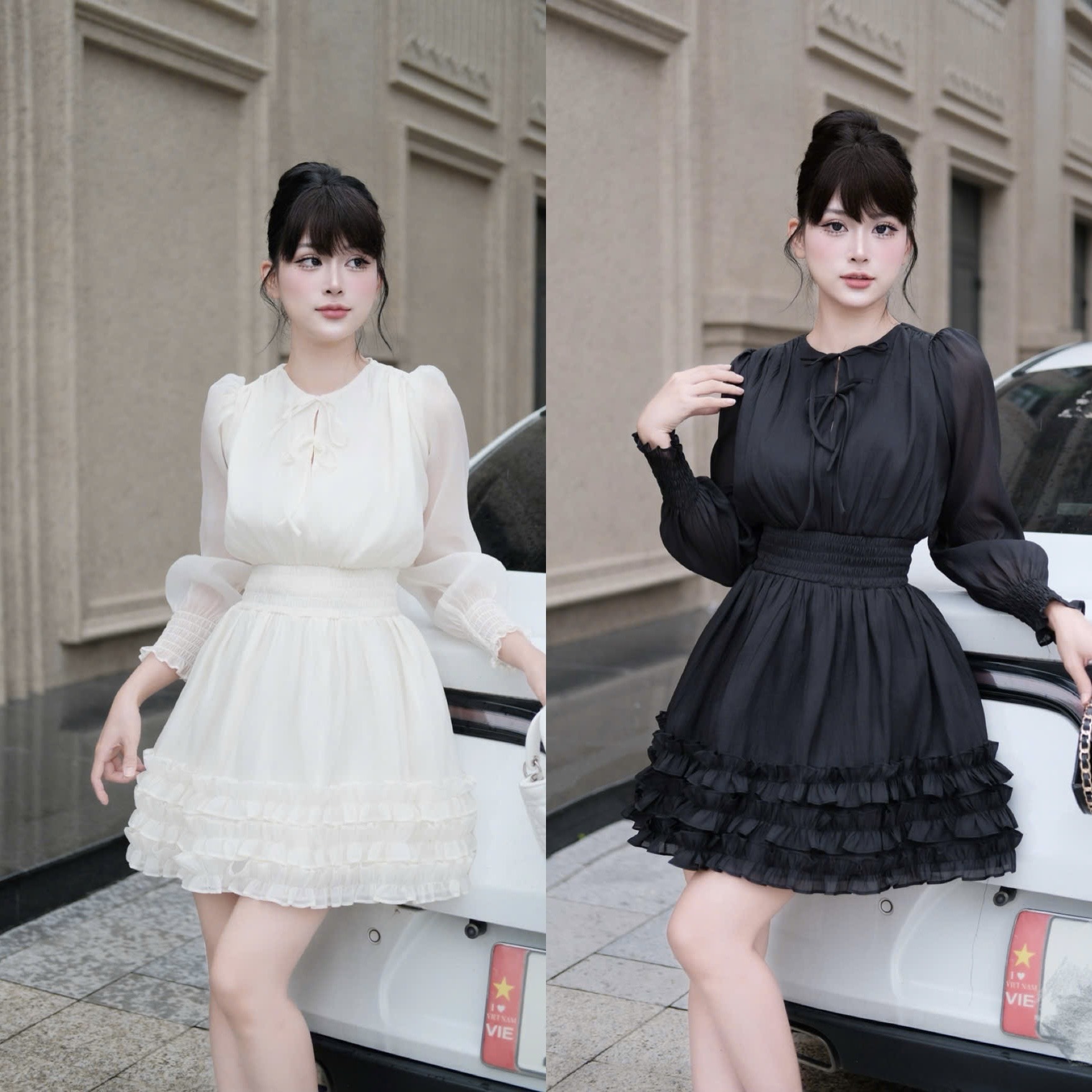 Đầm thiết kế cổ tròn tay bồng tầng hoa thiết kế cao cấp đi tiệc tay dài dáng xoè