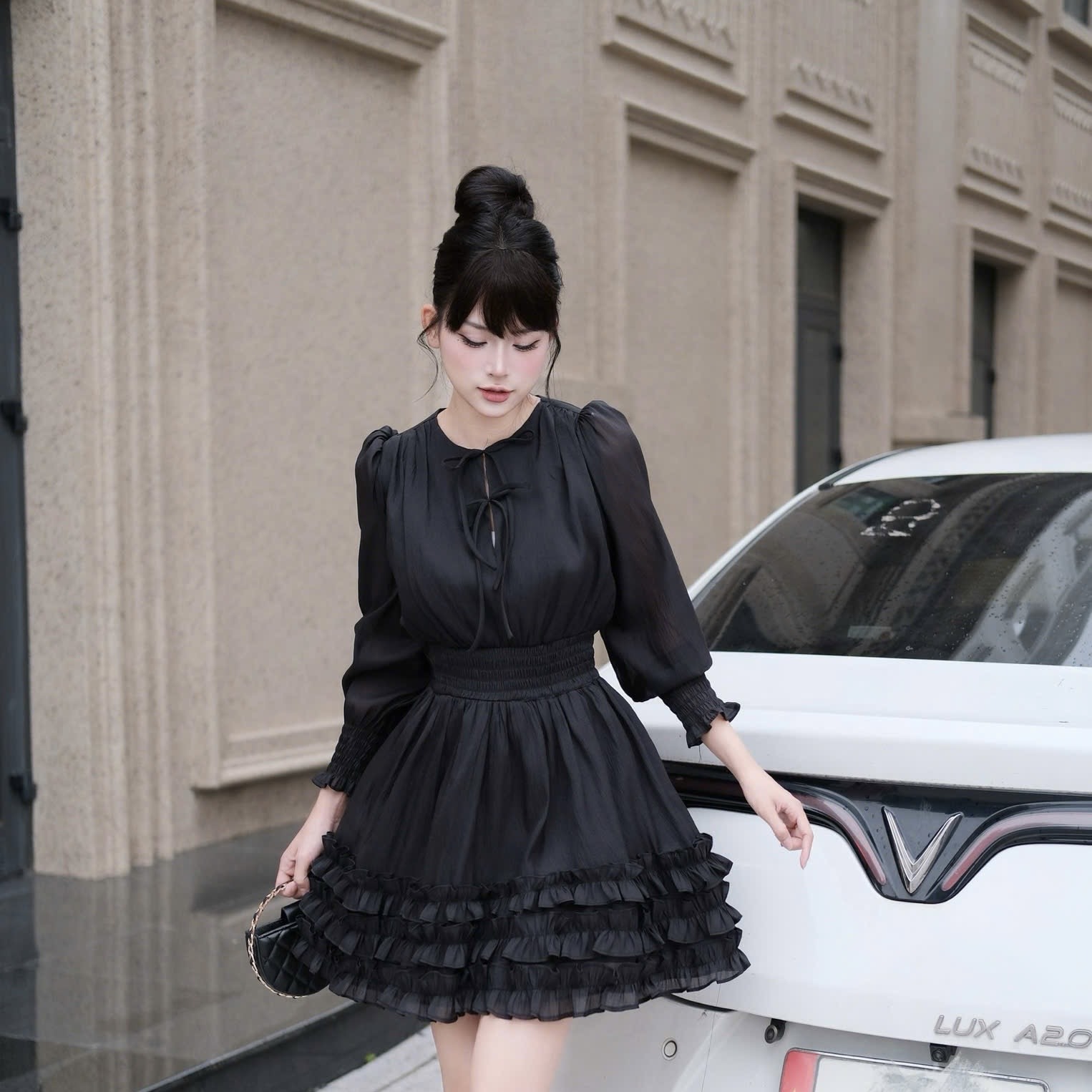 Đầm thiết kế cổ tròn tay bồng tầng hoa thiết kế cao cấp đi tiệc tay dài dáng xoè