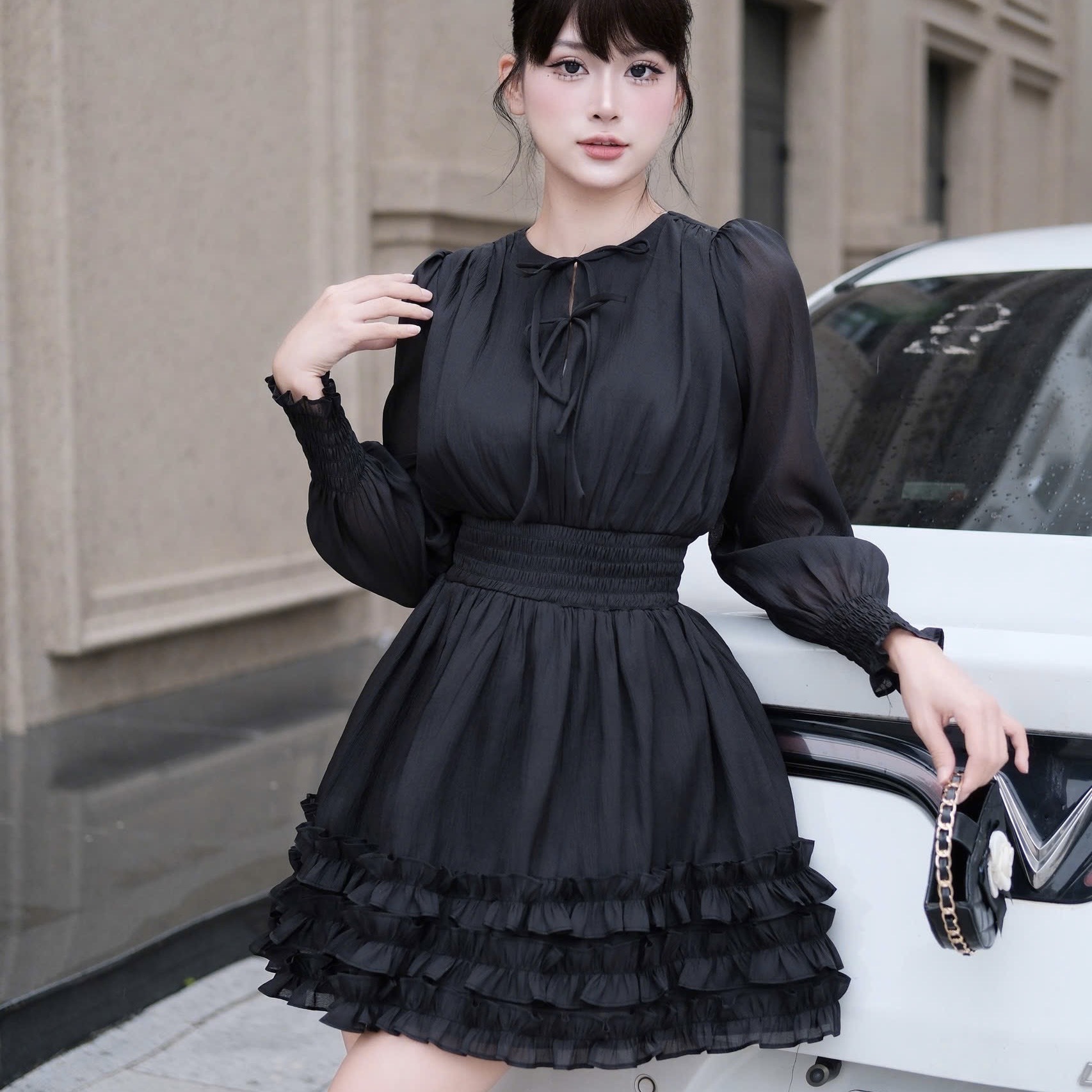 Đầm thiết kế cổ tròn tay bồng tầng hoa thiết kế cao cấp đi tiệc tay dài dáng xoè