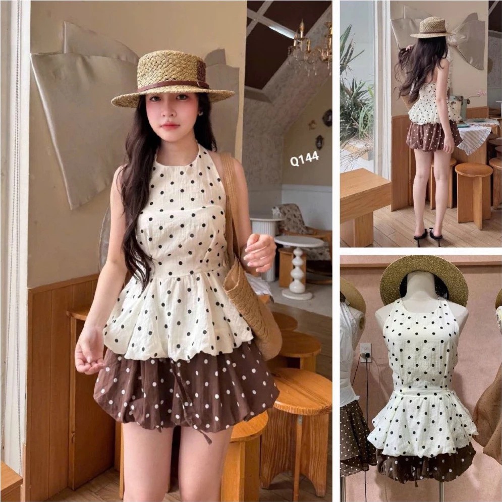 Set áo yếm kèm quần bí chấm bi