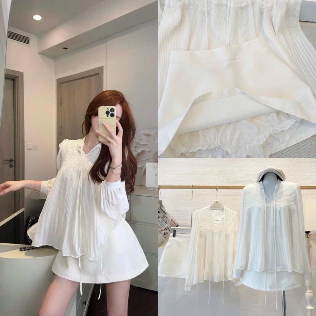 Set áo xếp ly tay dài kèm chân váy chữ A ngắn