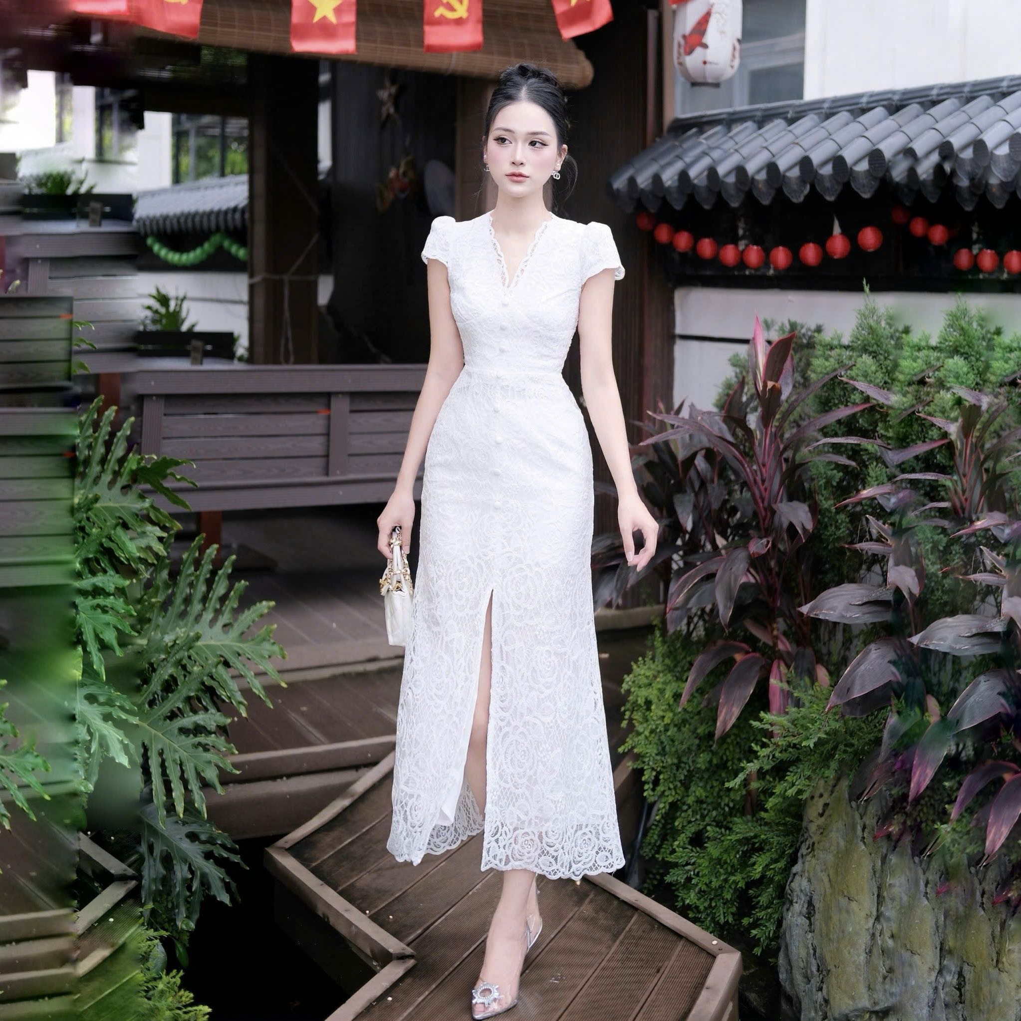 Đầm đi tiệc chất ren ôm body cao cấp thiết kế cổ V có tay