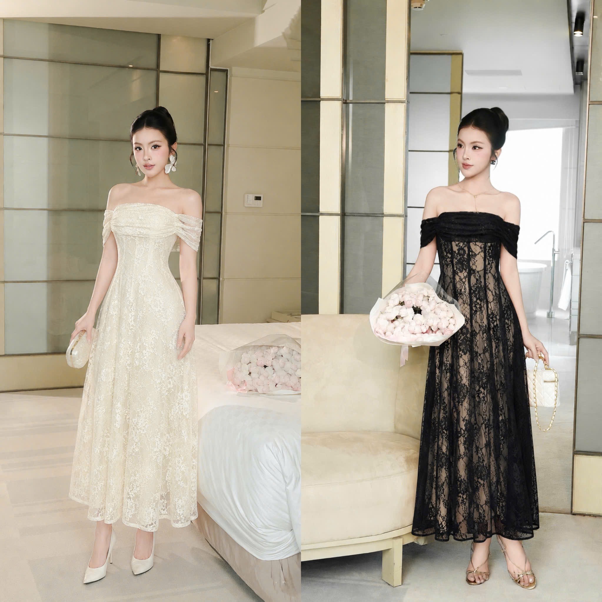 Đầm thiết kế trễ vai ren dáng dài