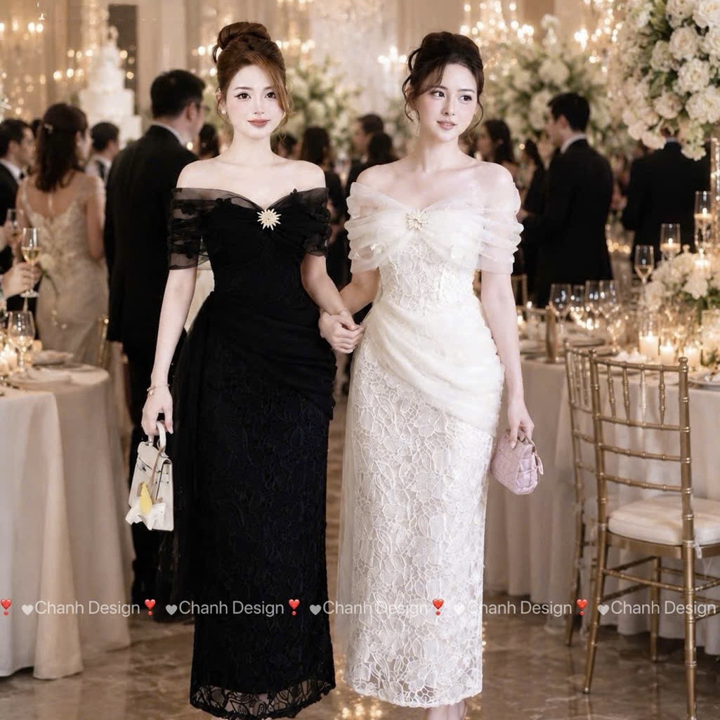 Đầm thiết kế trễ vai ren đính hoa dáng dài