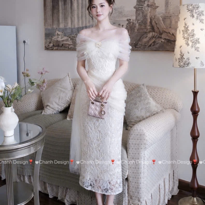 Đầm thiết kế trễ vai ren đính hoa dáng dài