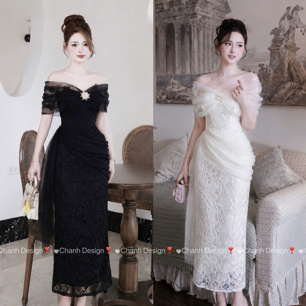 Đầm thiết kế trễ vai ren đính hoa dáng dài