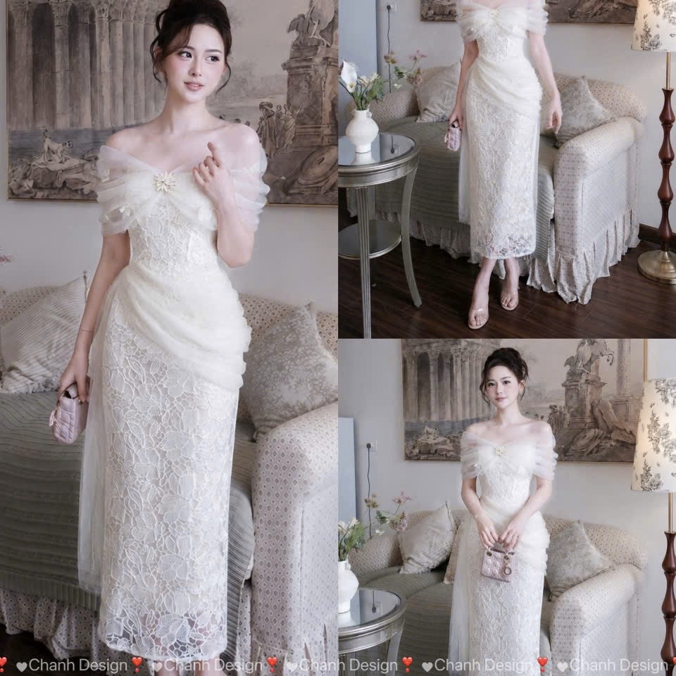 Đầm thiết kế trễ vai ren đính hoa dáng dài