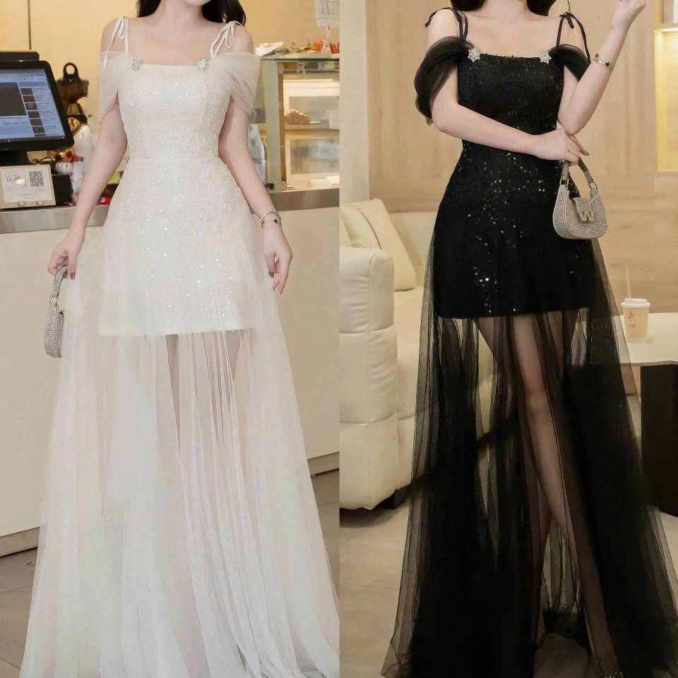 Đầm thiết kế voan 2 dây tùng dài