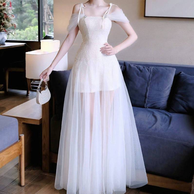 Đầm thiết kế voan 2 dây tùng dài