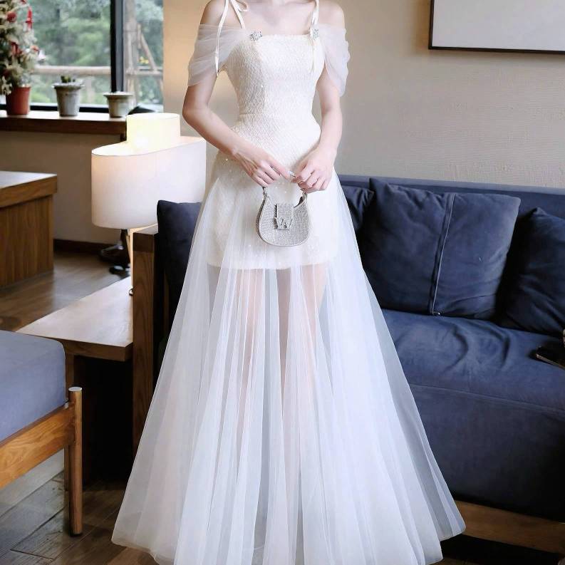 Đầm thiết kế voan 2 dây tùng dài