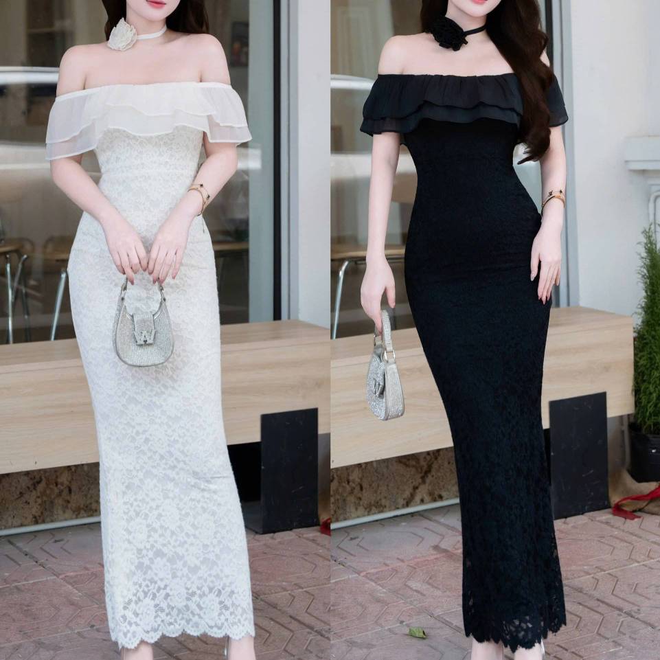 Đầm thiết kế trễ vai ren tầng cổ hoa