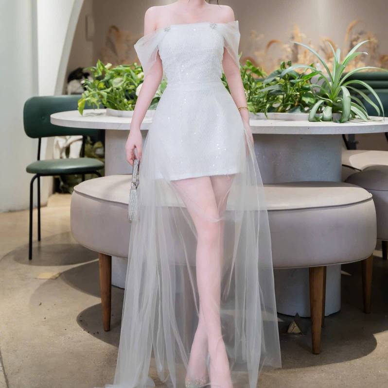Đầm thiết kế kim sa trễ vai phối lưới dài