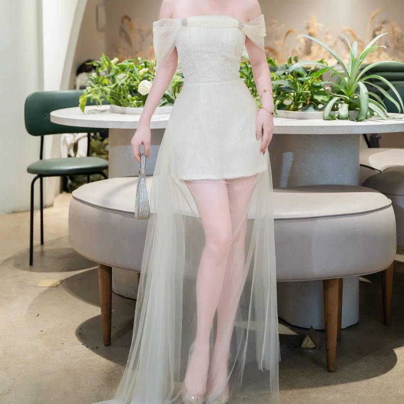 Đầm thiết kế kim sa trễ vai phối lưới dài