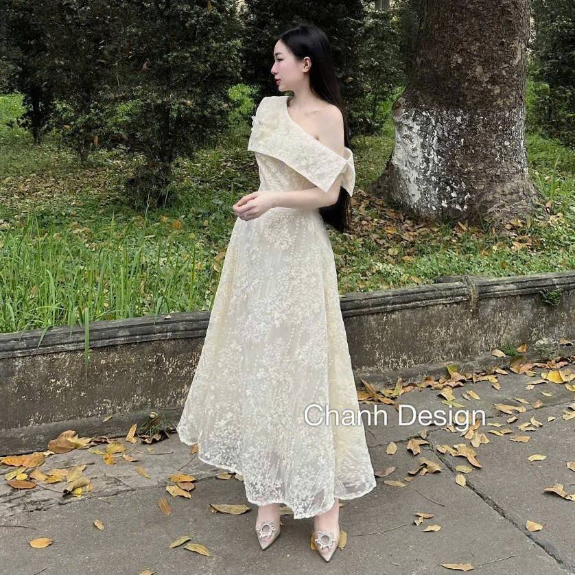 Đầm thiết kế ren lệch vai dáng dài