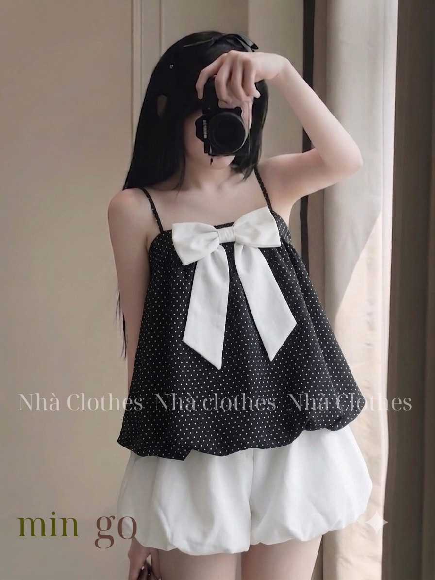 Set áo 2 dây babydoll nơ ngực kèm quần bí LS 6170