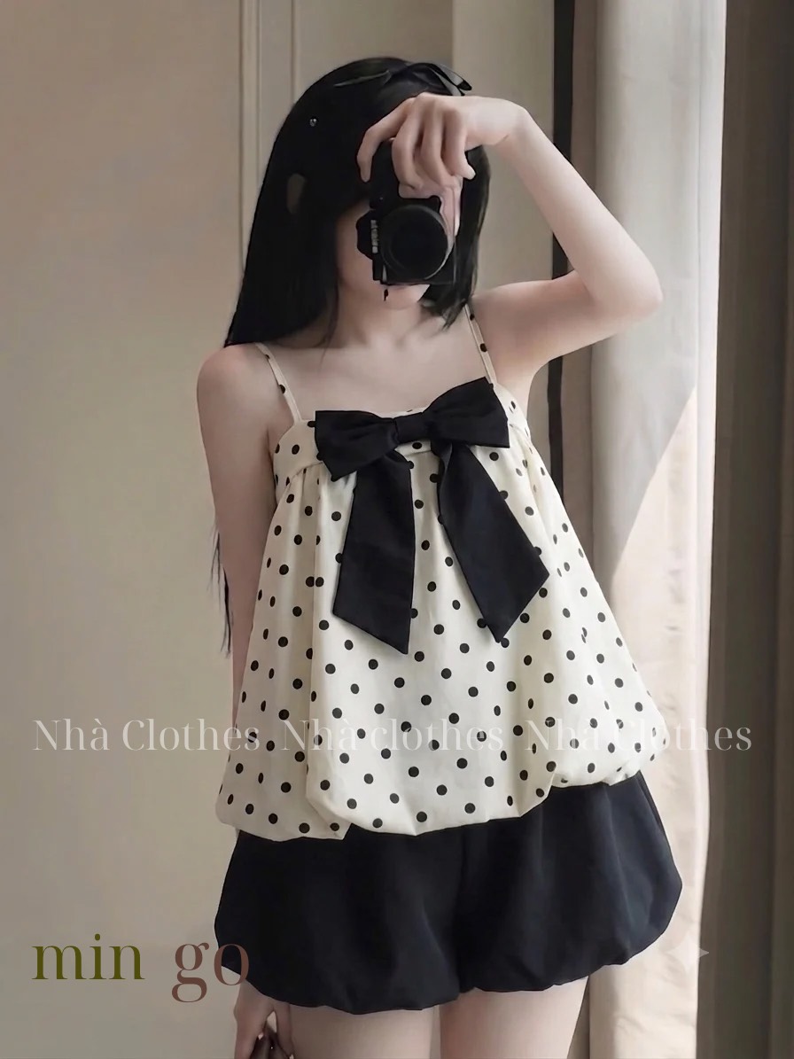 Set áo 2 dây babydoll nơ ngực kèm quần bí LS 6170