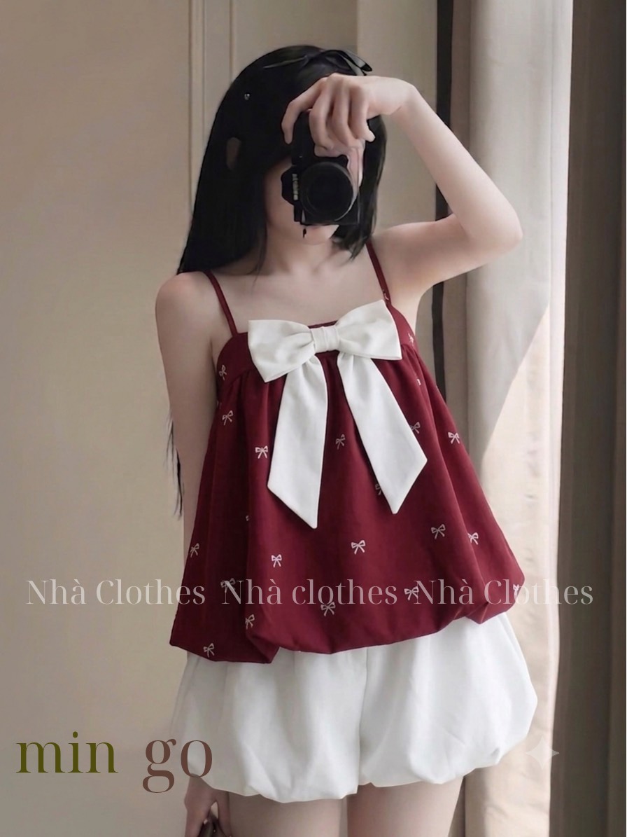 Set áo 2 dây babydoll nơ ngực kèm quần bí LS 6170