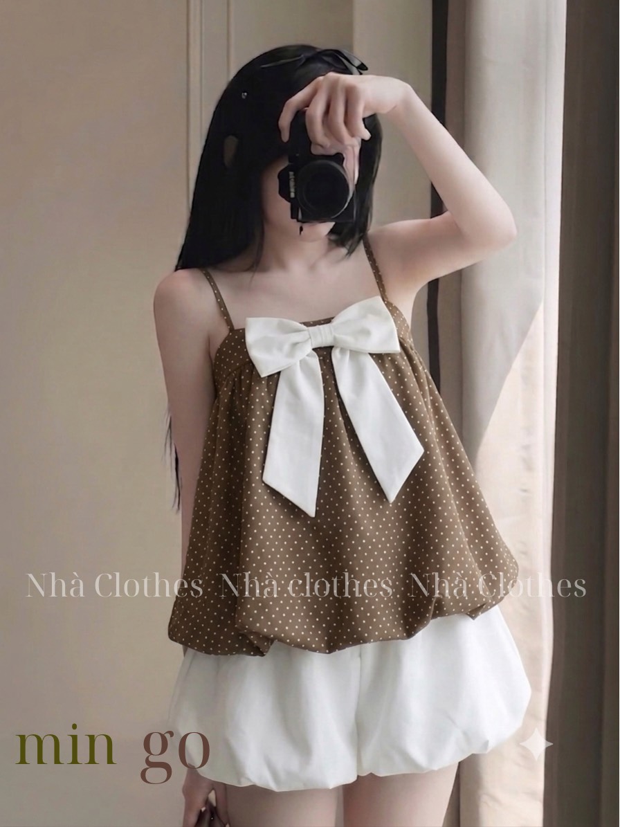Set áo 2 dây babydoll nơ ngực kèm quần bí LS 6170