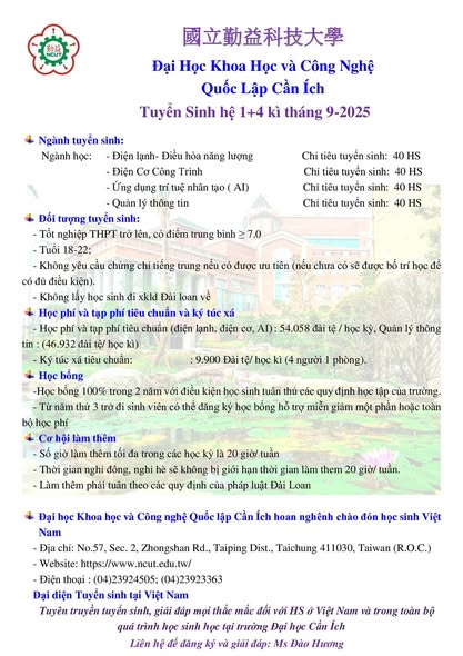 Đại học Khoa học & Công nghệ Quốc lập Cần Ích – Đài Loan chính là lựa chọn tuyệt vời dành cho bạn!