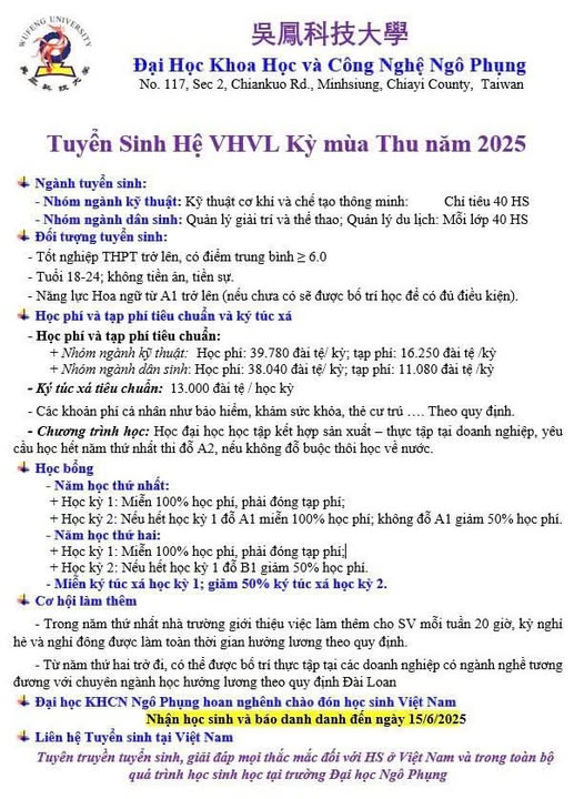Tuyển sinh hệ VHVL trường ĐH khoa học và công nghệ nghô phụng