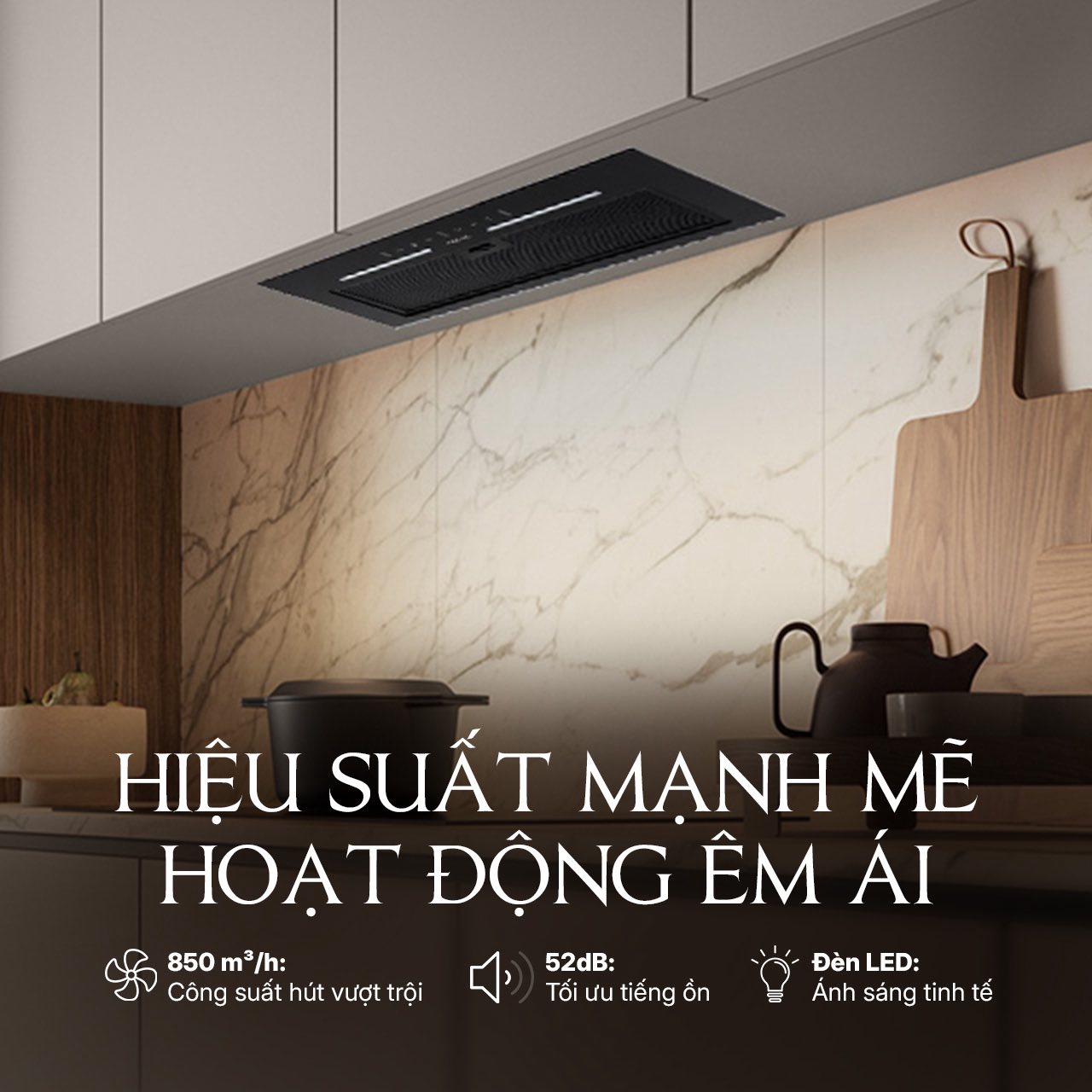 Máy hút mùi âm tủ MH700GT sở hữu công suất hút lên đến 850 m³/h