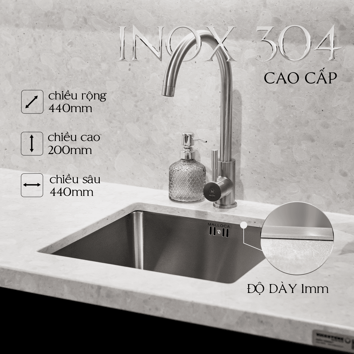 Inox 304 cao cấp, chiều rộng, chiều cao, chiều sâu - Chậu rửa chén Malloca MS6044