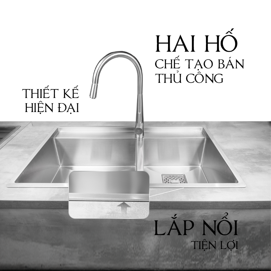 thiết kế bán thủ công 2 hố - Chậu rửa chén Malloca MS6304ST