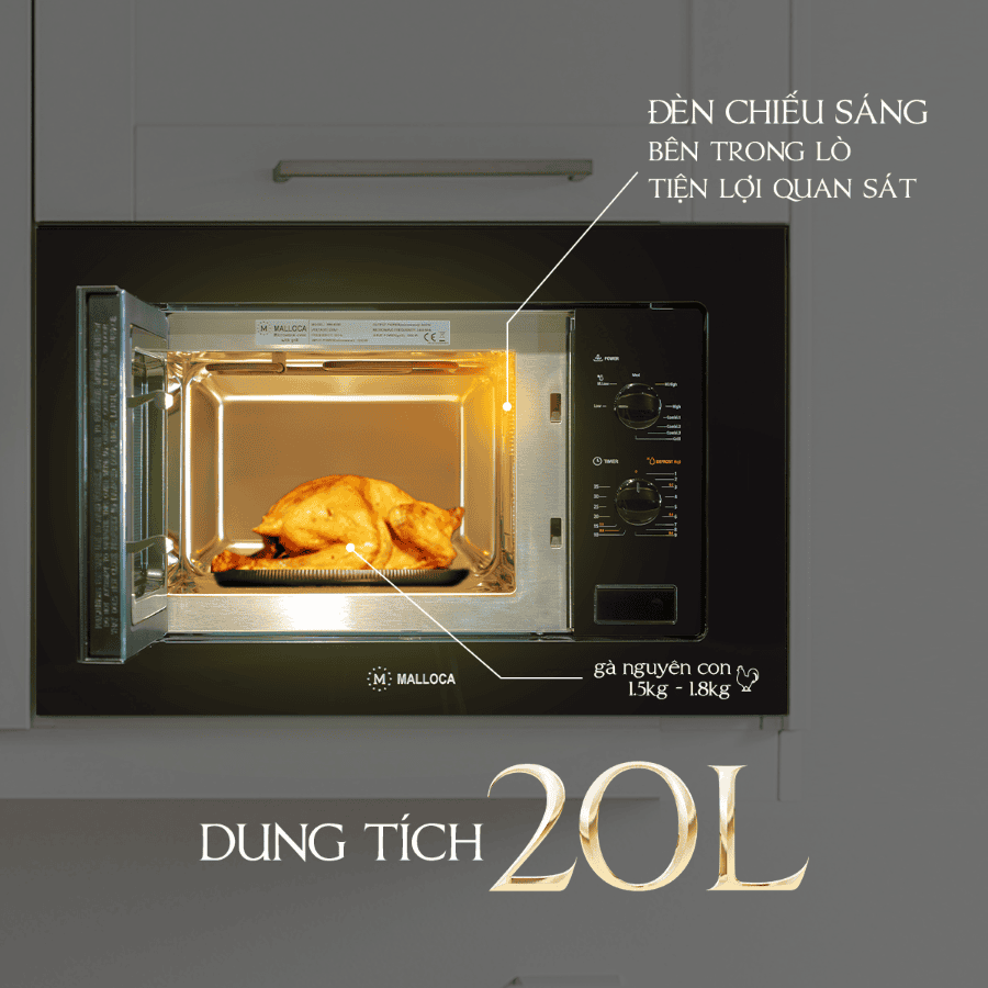 dung tích 20l, có đèn chiếu sáng giúp dễ quan sát bên trong lò - Lò vi sóng Malloca MW820B