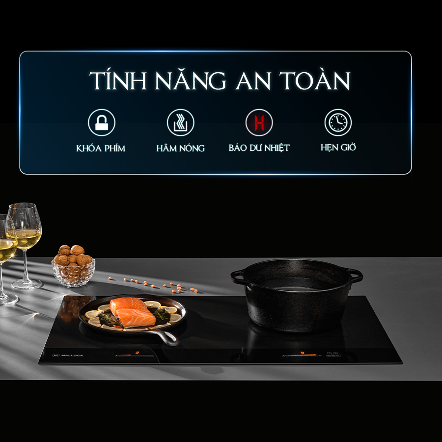 Tính năng an toàn, khóa phím, hâm nóng, báo dư nhiệt, hẹn giờ - Bếp từ đôi âm Skylux MH802 Malloca