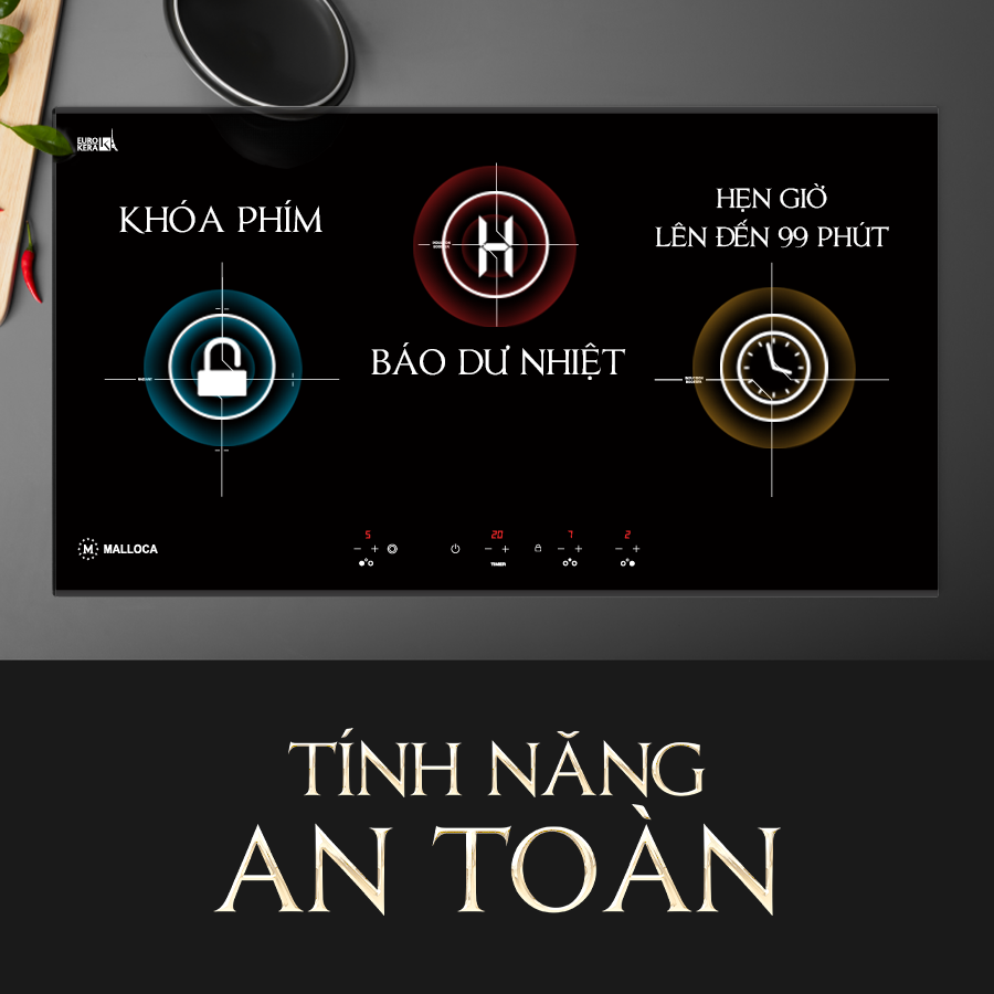 Tính năng ăn toàn báo dư nhiệt, khóa phím, hẹn giờ