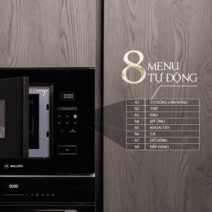 tích hợp sẵn menu 8 món - Lò vi sóng Malloca MW925BF