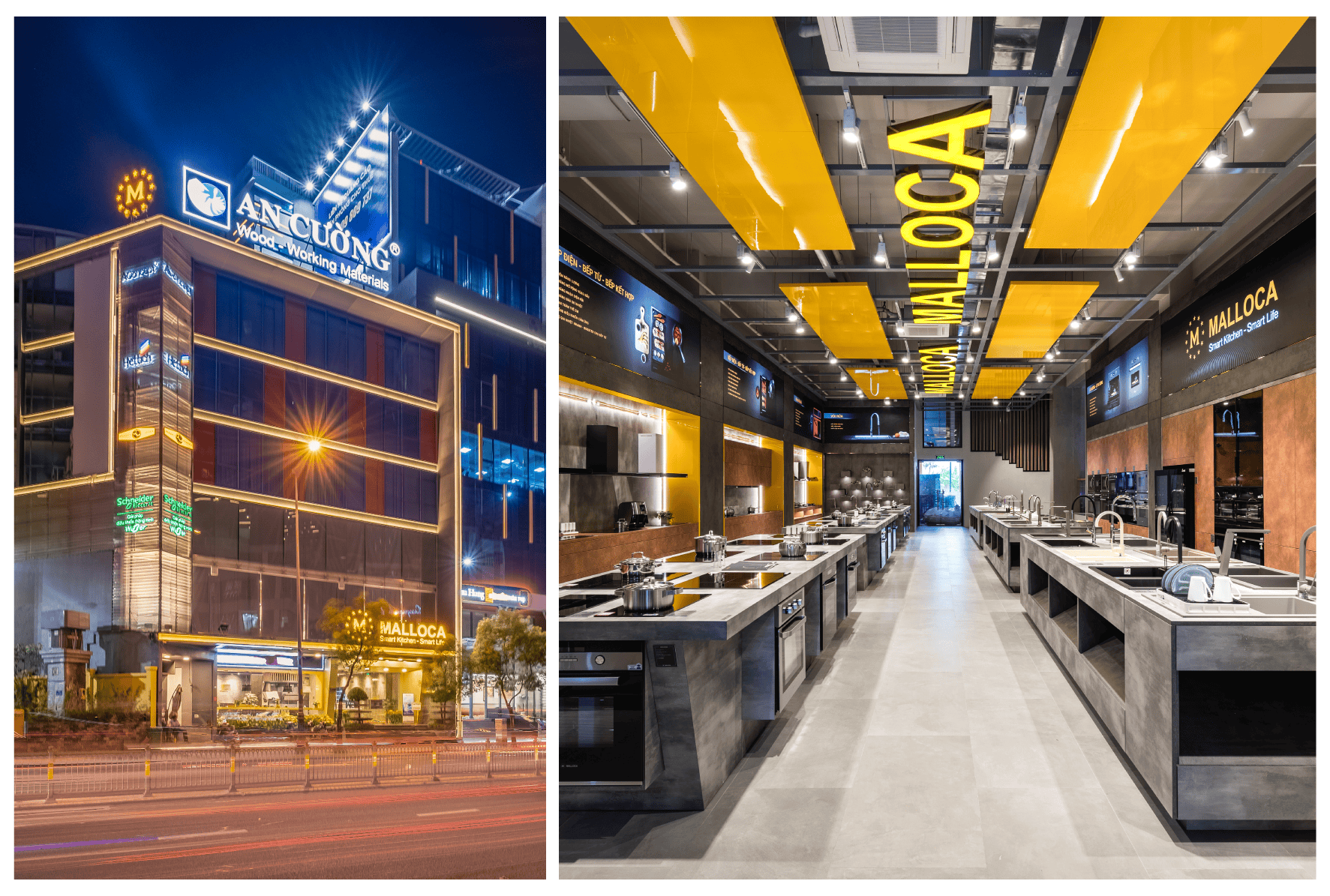 Malloca có&nbsp;5 showroom lớn với diện tích mỗi showroom lên tới cả ngàn mét vuông tại 3 thành phố lớn TP.Hồ Chí Minh, Hà Nội và Đà Nẵng