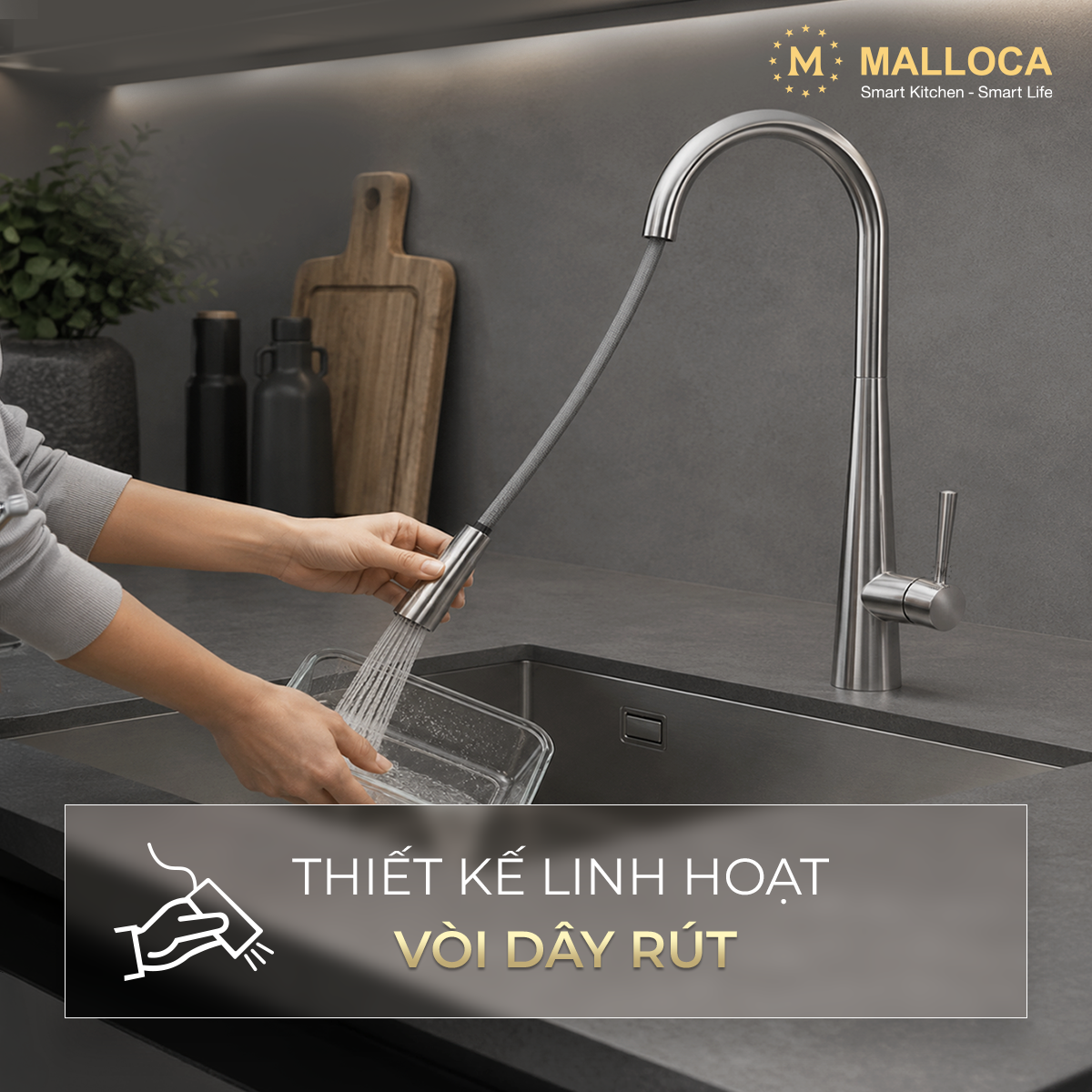 dây rút đang năng linh hoạt - Vòi rửa chén Malloca K095SS