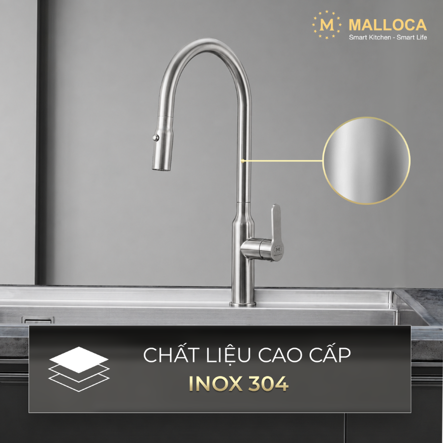 Vòi rửa chén nóng lạnh dây rút inox 304