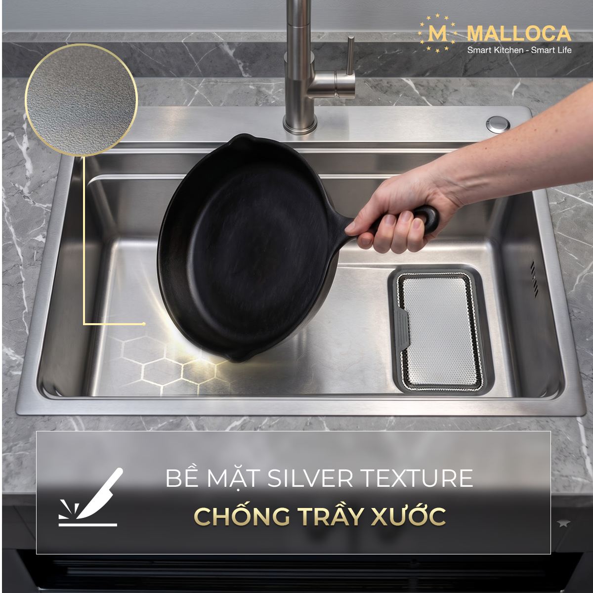 Chậu rửa chén 1 hố Inox 304 hạn chế trầy xước kích thước 77 cm