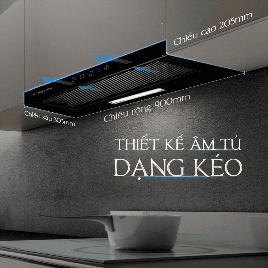 thiết kế âm tủ, dạng kéo - Máy hút mùi Malloca MH 90BTC