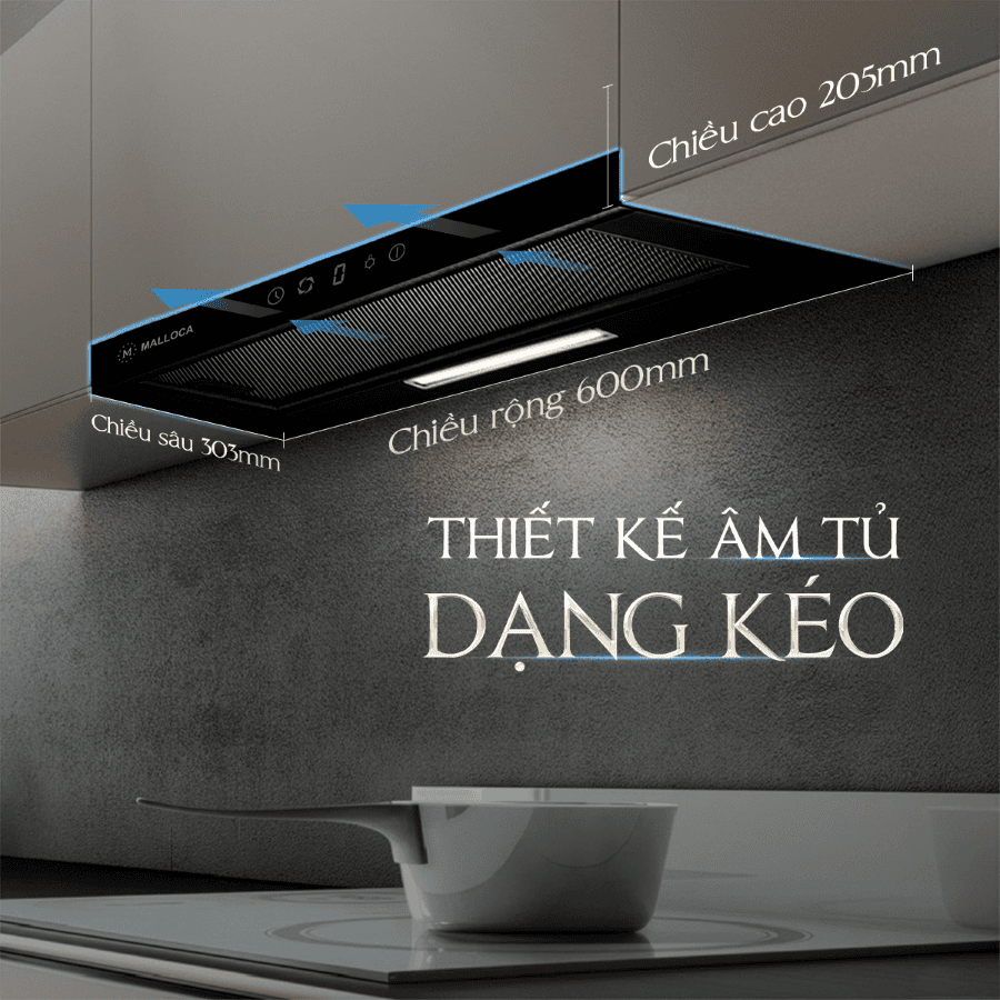 thiết kế âm tủ dạng kéo - Máy hút mùi Malloca MH 60BTC