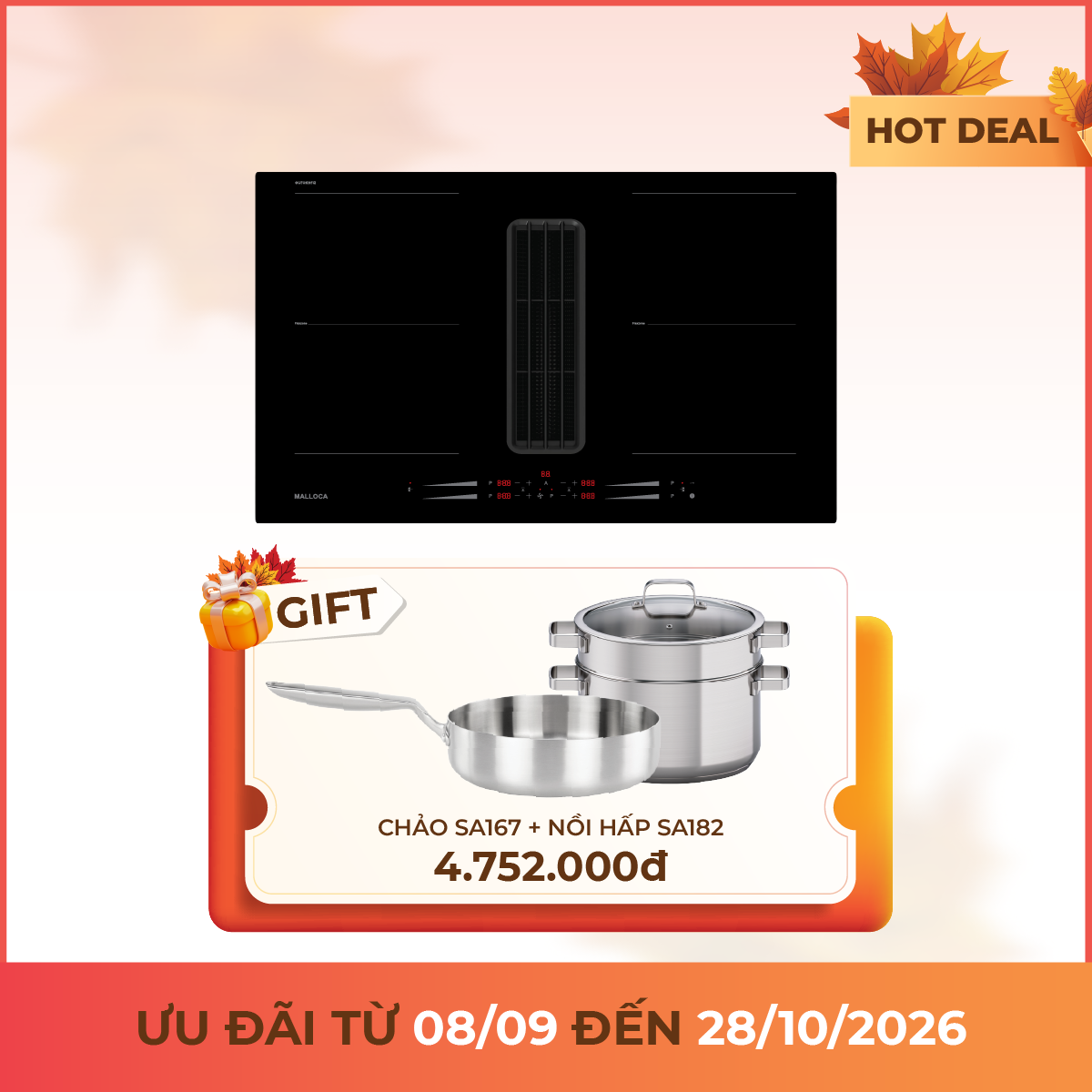 Bếp từ kết hợp máy hút 4 vùng nấu 86 cm