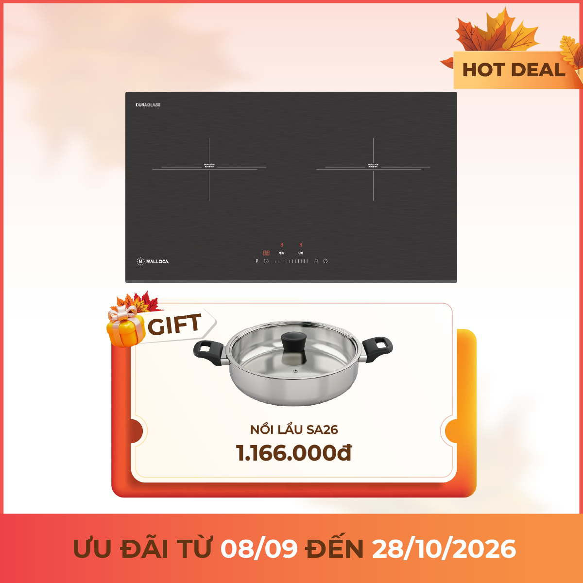 Bếp từ 2 vùng nấu 73 cm (Mặt kính DuraGlass chống trầy xước)
