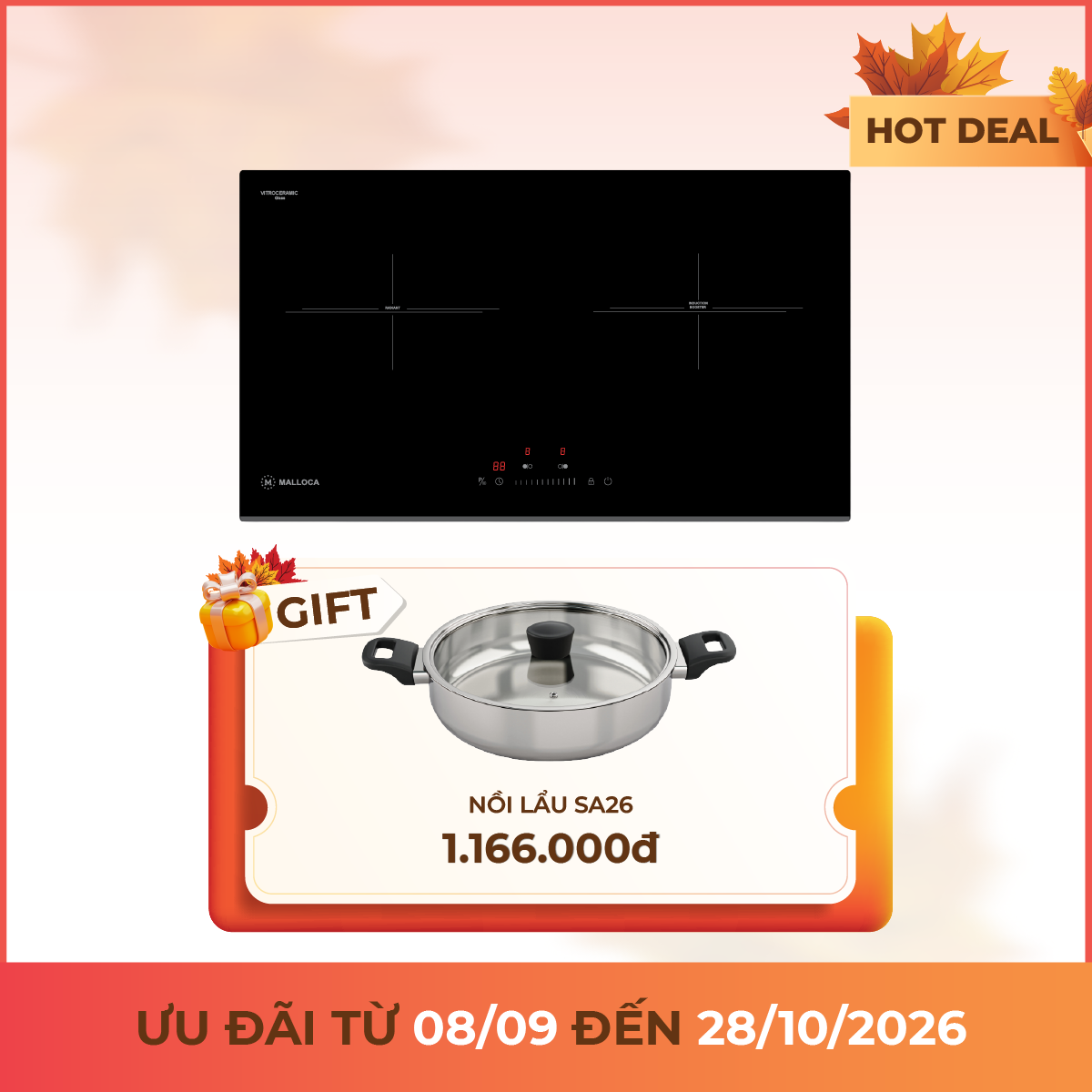 Bếp kết hợp điện và từ 2 vùng nấu 73 cm