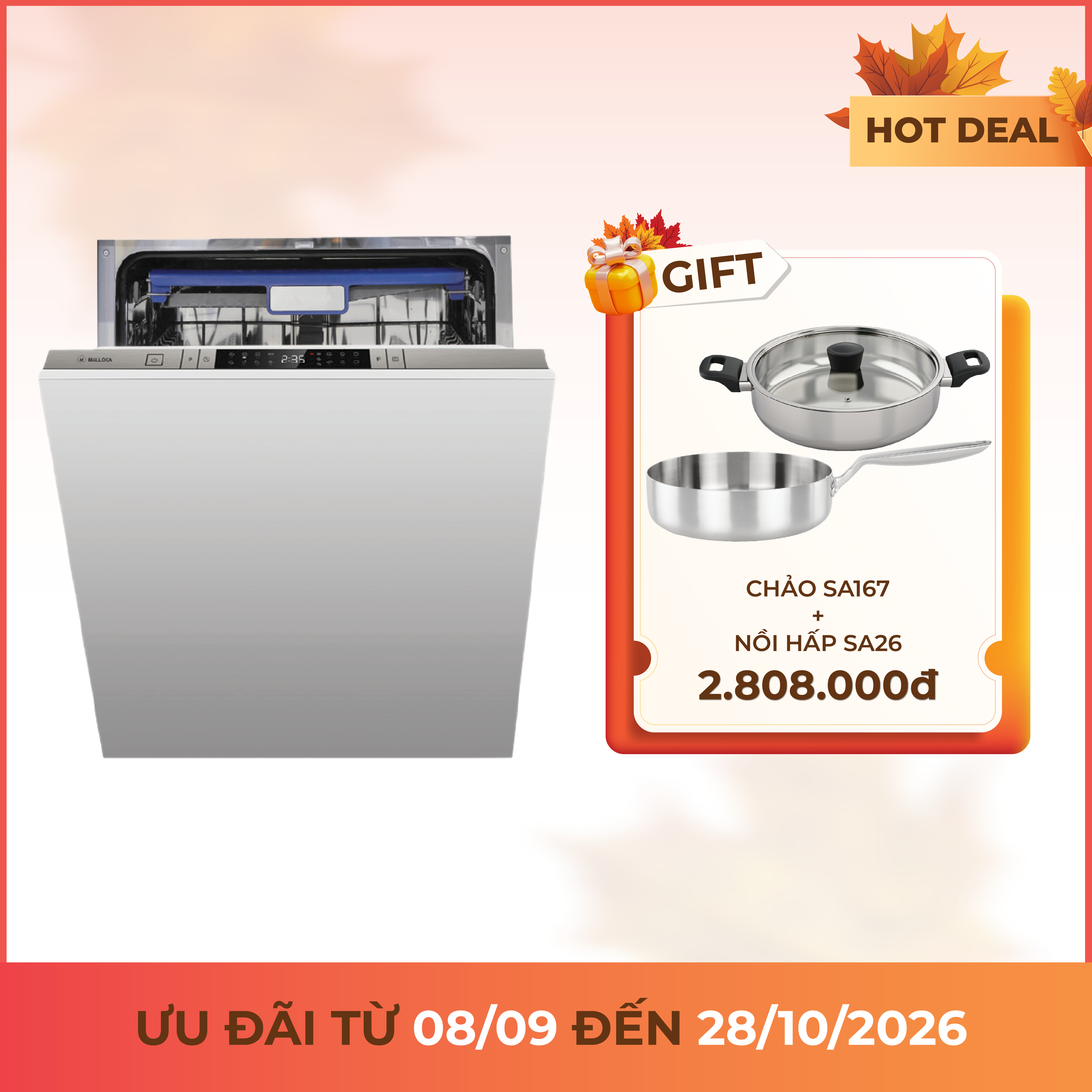 Máy rửa chén âm tủ 60 cm 14 bộ chén dĩa tự động mở cửa