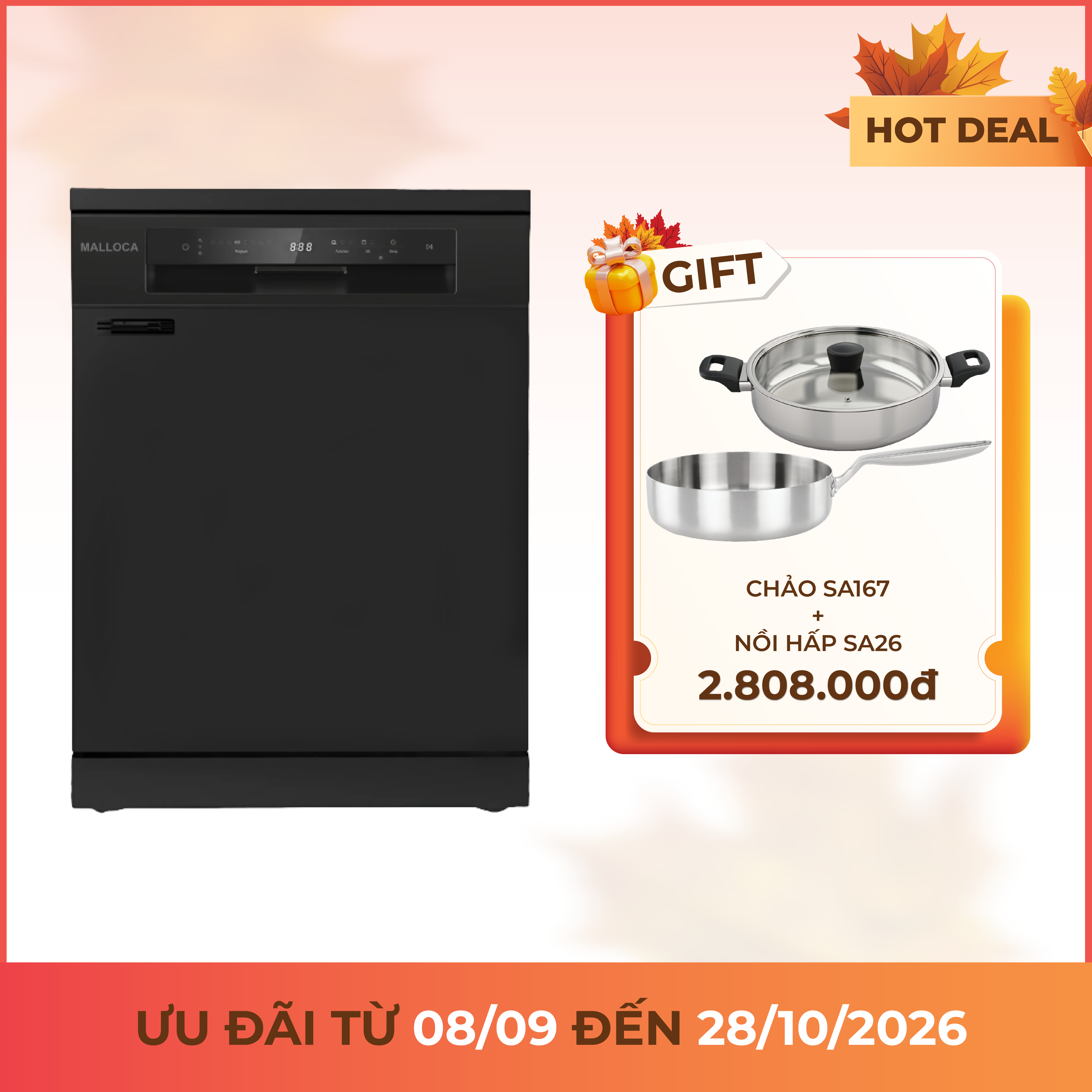 Máy rửa chén độc lập âm tủ 60 cm 15 bộ chén dĩa sấy khí nóng tuần hoàn